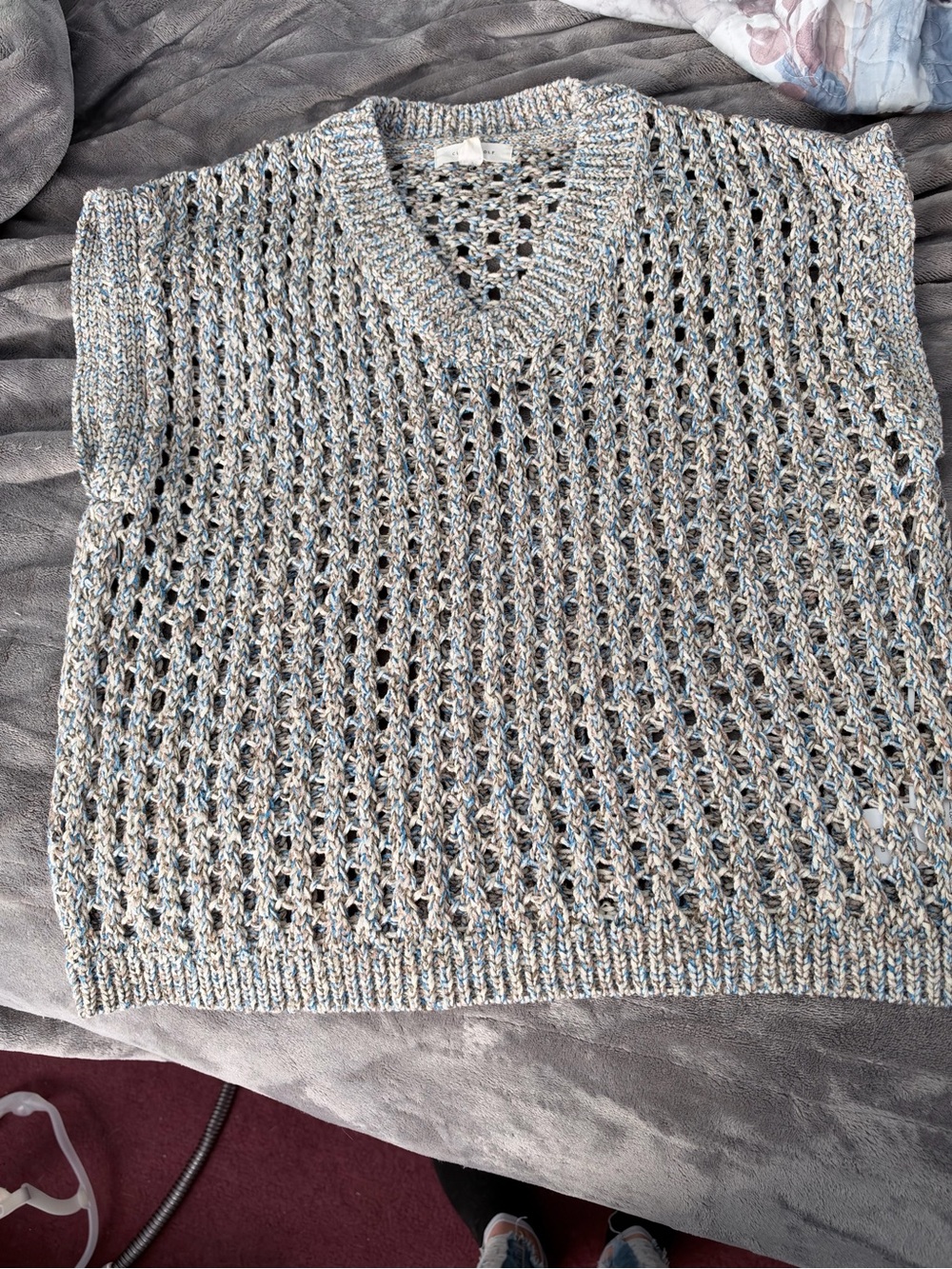Open-Knit V-Neck Sweater Vest in Gray and Blue